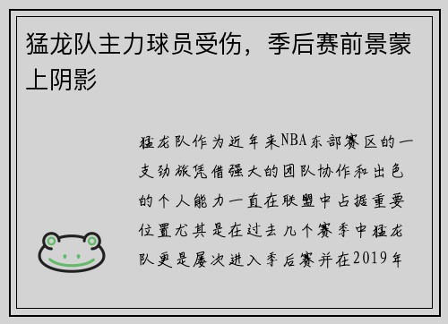 猛龙队主力球员受伤，季后赛前景蒙上阴影