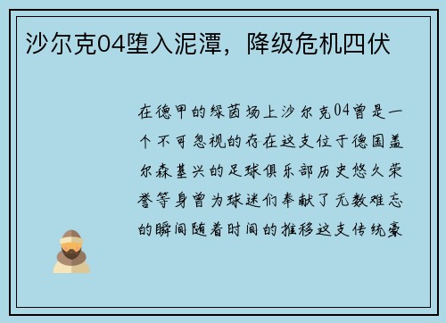 沙尔克04堕入泥潭，降级危机四伏