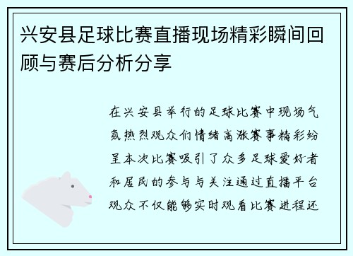 兴安县足球比赛直播现场精彩瞬间回顾与赛后分析分享
