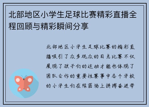 北部地区小学生足球比赛精彩直播全程回顾与精彩瞬间分享